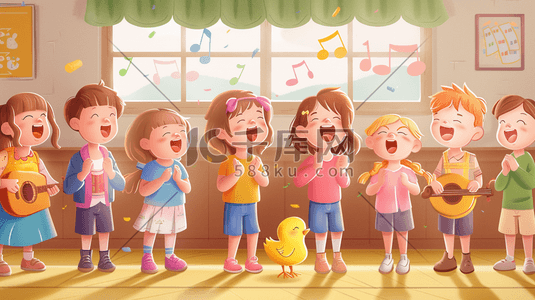 阳光开心插画图片_彩色绘画儿童室内开心唱歌的插画8