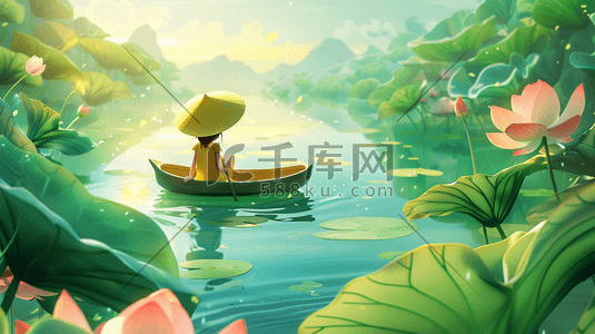船插画图片_彩色手绘绘画景区河面上女孩撑船的插画5