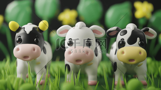 彩色卡通立体草坪奶牛的插画6