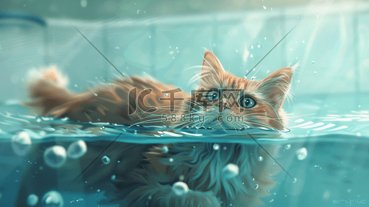 可爱猫插画图片_蓝色清澈可爱猫咪游泳的插画13