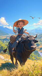 清明节山上放牛的小童手绘插画
