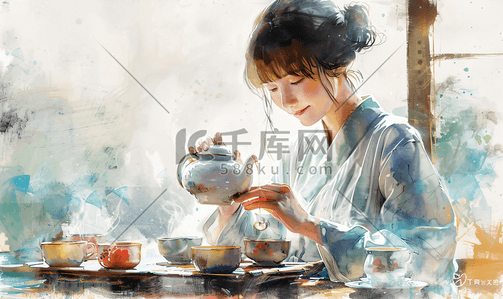 茶文化pp插画图片_品茶女生江南姑娘