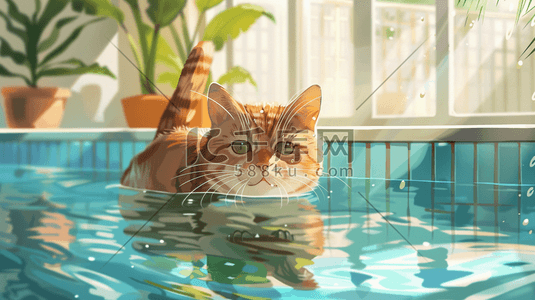 蓝色清澈可爱猫咪游泳的插画3