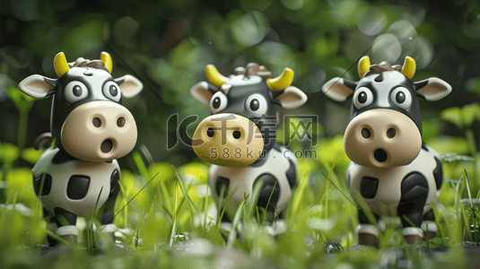 彩色卡通立体草坪奶牛的插画9
