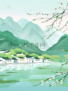 绿水青山湖边乡村插画海报