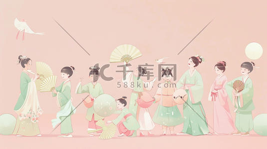 女装简约插画图片_唯美清新古装女子女孩开心的插画