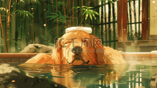 温泉插画图片_彩色手绘室内狗狗温泉游泳的插画