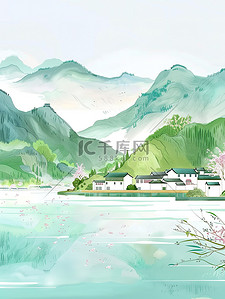 绿水青山湖边乡村插图