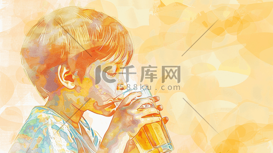 水彩渐变插画图片_彩色手绘水彩男孩喝饮料的插画