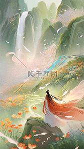 浪漫七夕情人节插画图片_与凤行国风浪漫古风古代情侣背影插画