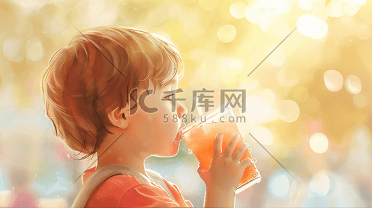 水彩渐变插画图片_彩色手绘水彩男孩喝饮料的插画