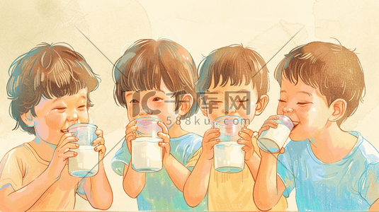 水杯插画图片_彩色手绘可爱儿童集体喝牛奶的插画