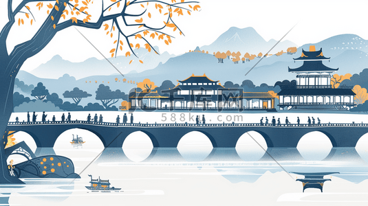 手绘伦敦塔桥插画图片_手绘中国风桥风景插画