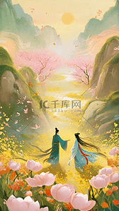 七夕情人节古风插画图片_与凤行国风浪漫古风古代情侣背影插画