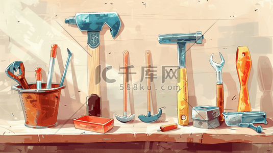 彩色手绘绘画工具房各种工具的插画