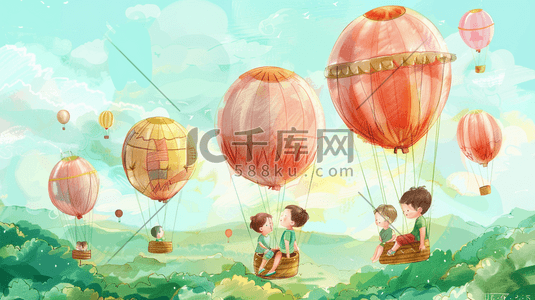 彩色手绘儿童户外山顶在热气球的插画