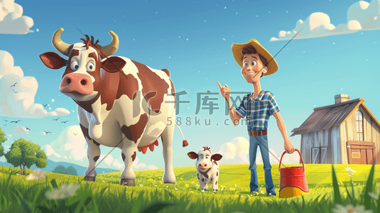 牧场工人插画图片_彩色卡通农场工人奶牛的插画7