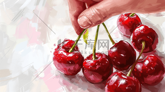 手绘绘画户外果园手摘樱桃的插画
