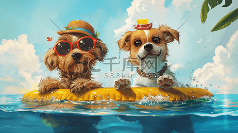 彩色油画泳池里狗狗游泳的插画
