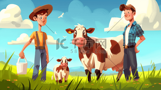 牧场工人插画图片_彩色卡通农场工人奶牛的插画6