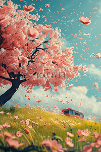 盛开樱花绿植3d海报春天插画素材