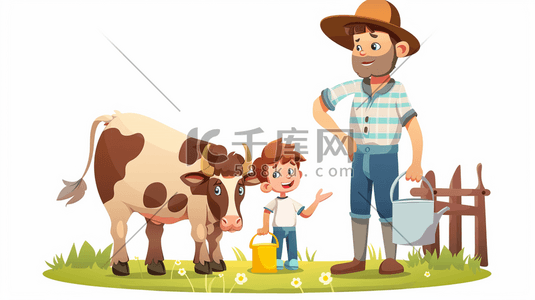牧场工人插画图片_彩色卡通农场工人奶牛的插画56