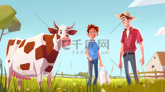 牧场工人插画图片_彩色卡通农场工人奶牛的插画2