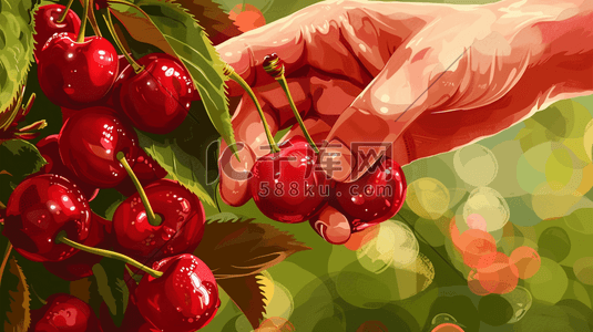手部卡通手绘插画图片_手绘绘画户外果园手摘樱桃的插画