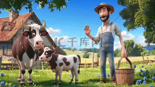 牧场工人插画图片_彩色卡通农场工人奶牛的插画3