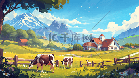 彩色手绘绘画户外农场奶牛的插画12