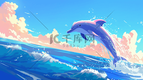 可爱清新海里海豚跳跃的插画