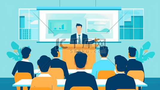 公司制度牌插画图片_彩色扁平化商务人士开会的插画7