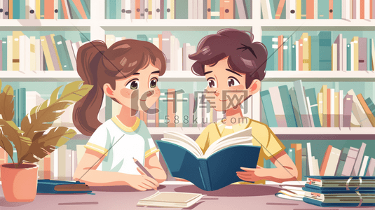 男女插画图片_彩色手绘图书室男女孩看书的插画