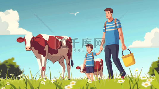 牧场工人插画图片_彩色卡通农场工人奶牛的插画4