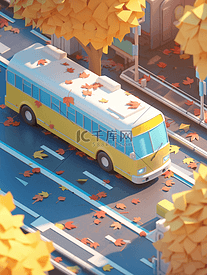 彩色手绘绘画城市道路公交车的插画