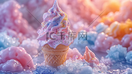 冰淇淋冰块七彩立体合成创意插画