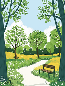 彩色绘画风格扁平化公园里树木长椅的插画