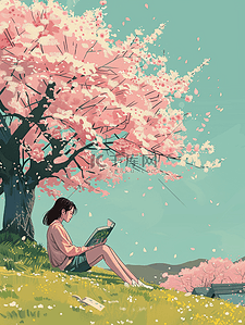 彩色手绘唯美户外粉色树下女孩看书的插画