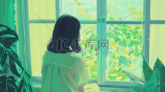 彩色手绘扁平化风格唯美女孩窗台户外的插画