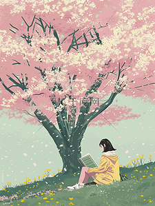 彩色手绘唯美户外粉色树下女孩看书的插画