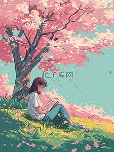 看风景的女孩插画图片_彩色手绘唯美户外粉色树下女孩看书的插画