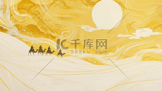 金色沙插画图片_金色沙漠中行驶的驼队插画