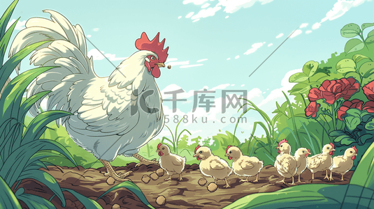 母鸡妈妈和一群小鸡插画