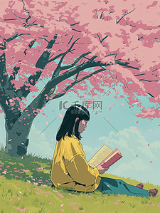 唯美树下插画图片_彩色手绘唯美户外粉色树下女孩看书的插画