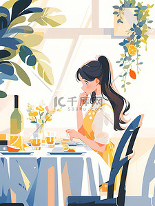桌上的衣服插画图片_女孩在餐桌上吃饭扁平风图片