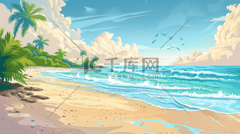 夏季海边沙滩风景度假插画