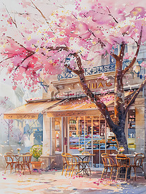 樱花盛开街角咖啡店插图