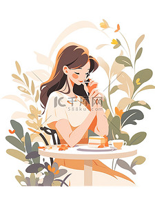 餐桌插图插画图片_女孩在餐桌上吃饭扁平风插图
