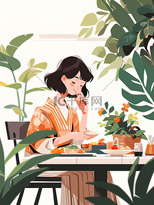 女孩在餐桌上吃饭扁平风矢量插画