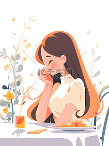 女孩在餐桌上吃饭扁平风插图